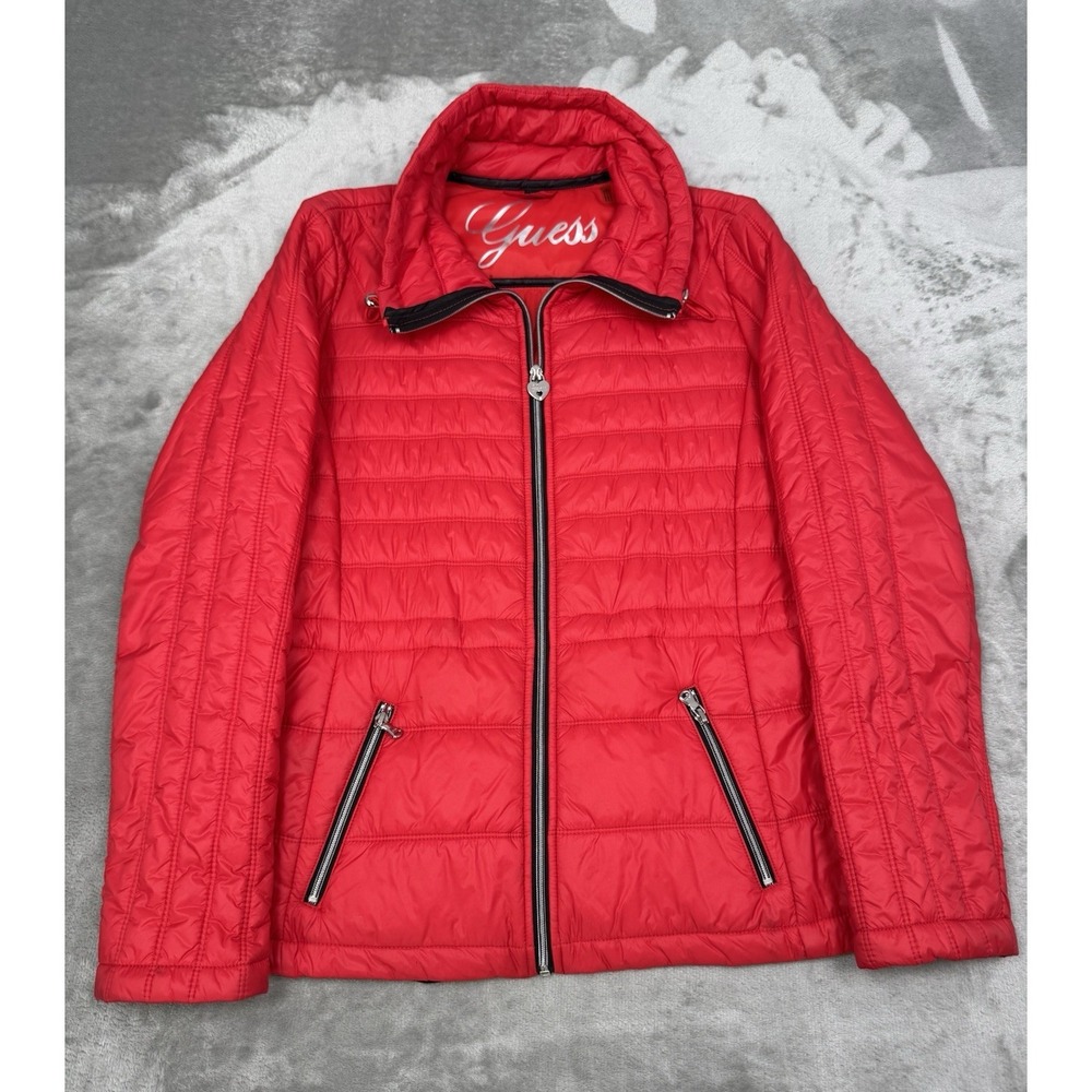Guess Packable Puffer Coat Womens Large Red Jacket Insulated Lightweight Hiking